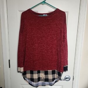 Red Long Sleeve Top with Plaid Hem